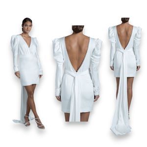 Rime Arodaky Seraph Pearl Beaded Tie Wedding Bridal Satin Mini Dress‎ Size US 12